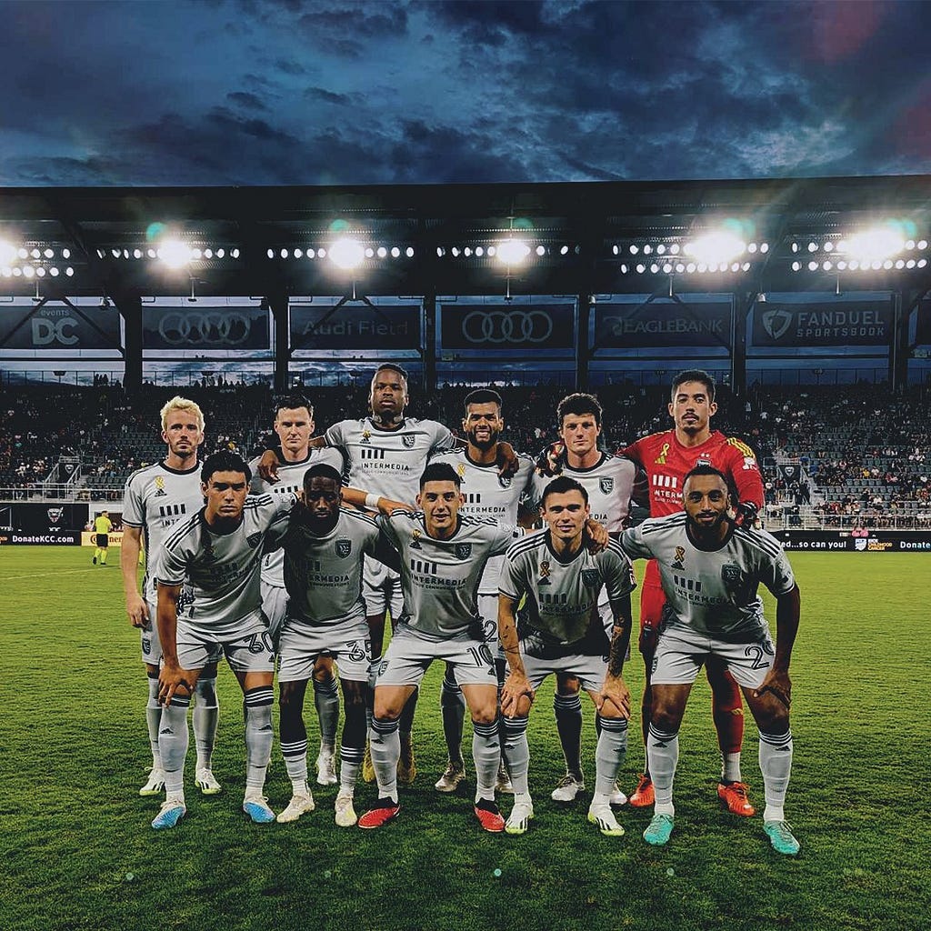 The San Jose Earthquakes players line up for a pre game press photo.