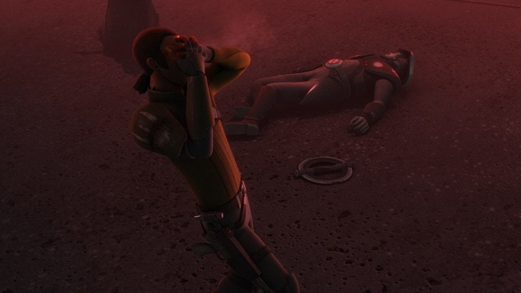 Kanan Jarrus is blinded by Maul on Malachor, during their raid on the Sith temple. S2E18 of Star Wars Rebels.