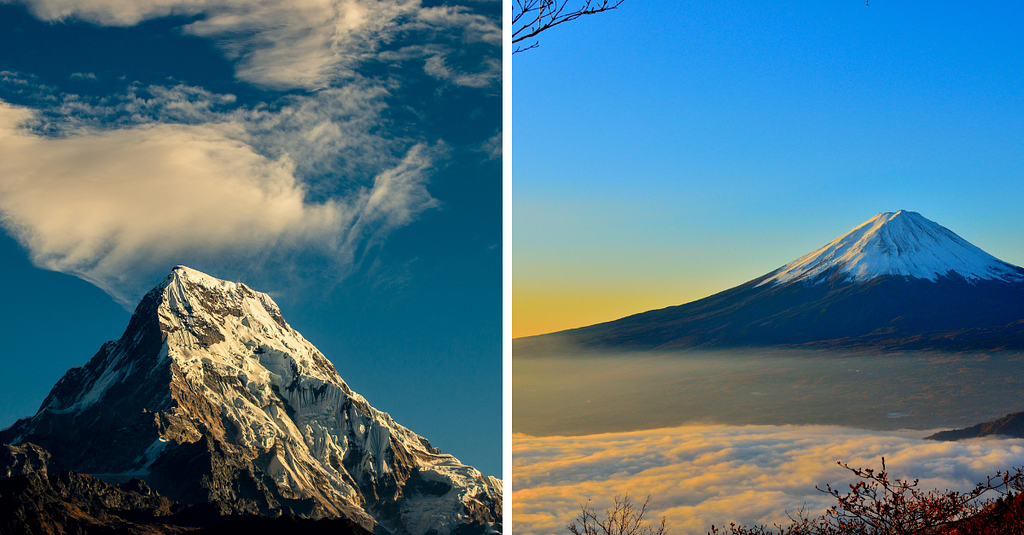 A side-by-side image of a snow capped mountainous rock and a snow capped volcano