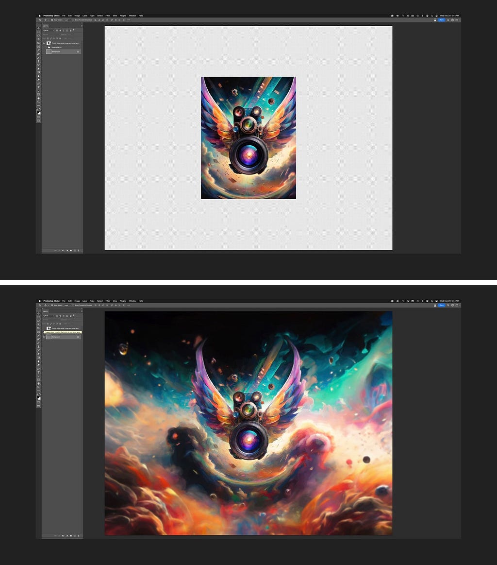 Two screenshot of Adobe Photoshop artboards. Top: A generative AI illustration of a camera with rainbow-colored wings and multiple lenses (it’s largest focused on the viewer) hovering against a turquoise and cloud-filled background is centered against a large white backgroud. Bottom: The same generative AI illustration but with the white background filled in with explosions of color and texture to create a story beyond the boundaries of the original art.