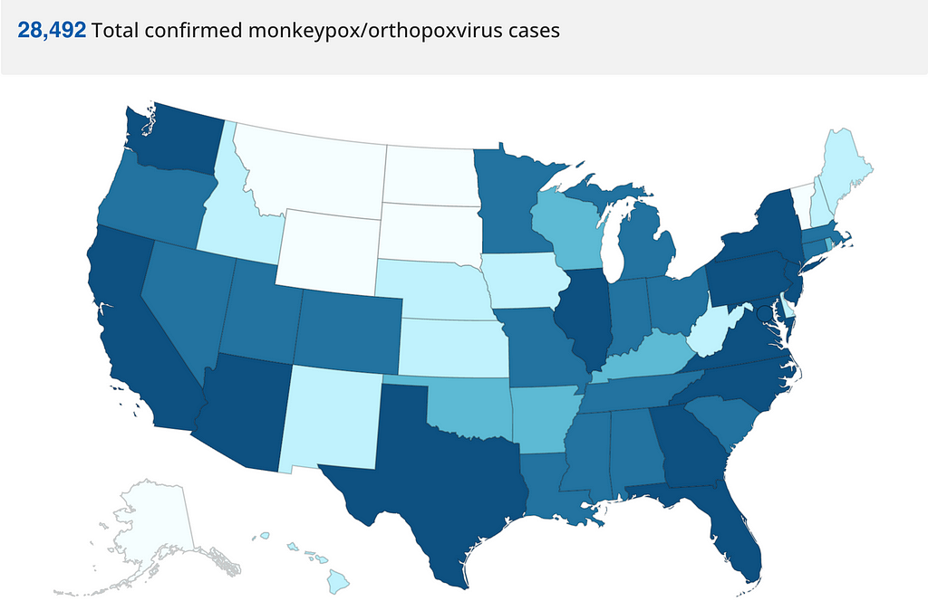 Illustrated blue map of the United States showing total monkeypox cases by state and degree of blue color.