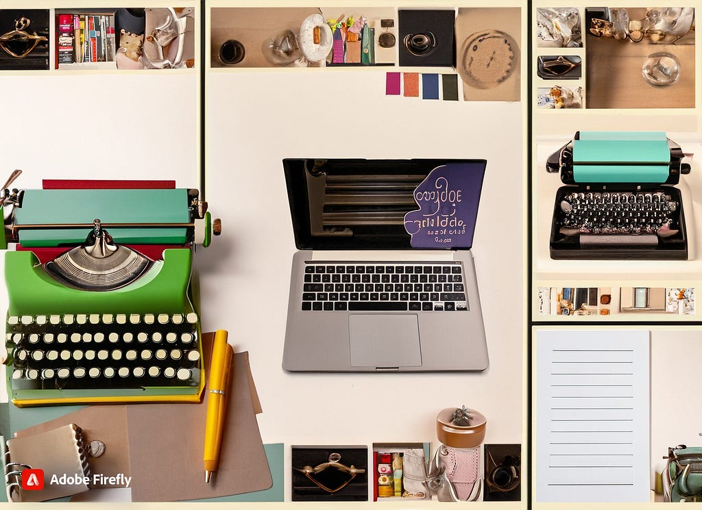 A collage of a writer’s toolkit, featuring a laptop, a notebook, a vintage typewriter, and a well-worn pen. This image evokes the idea that storytelling can be done through various mediums