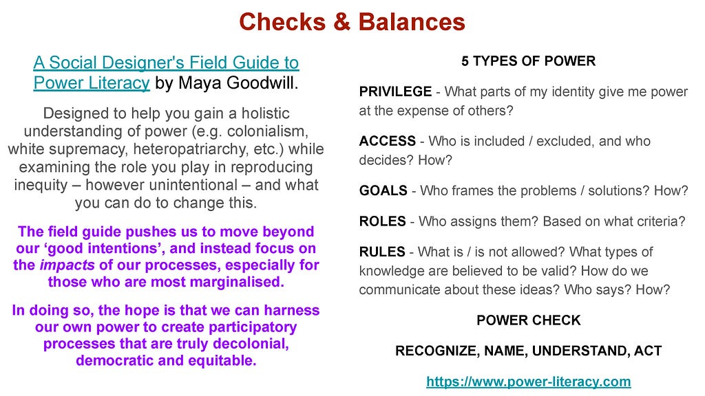 A slide from Teri’s PowerPoint demonstration about “Checks and Balances” which recommends the book A Social Designer’s Field Guide to Power Literacy by Maya Goodwill.