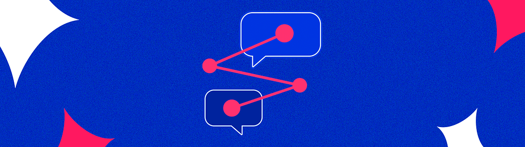 Ilustração de dois balões de conversa conectados por uma linha pontilhada.