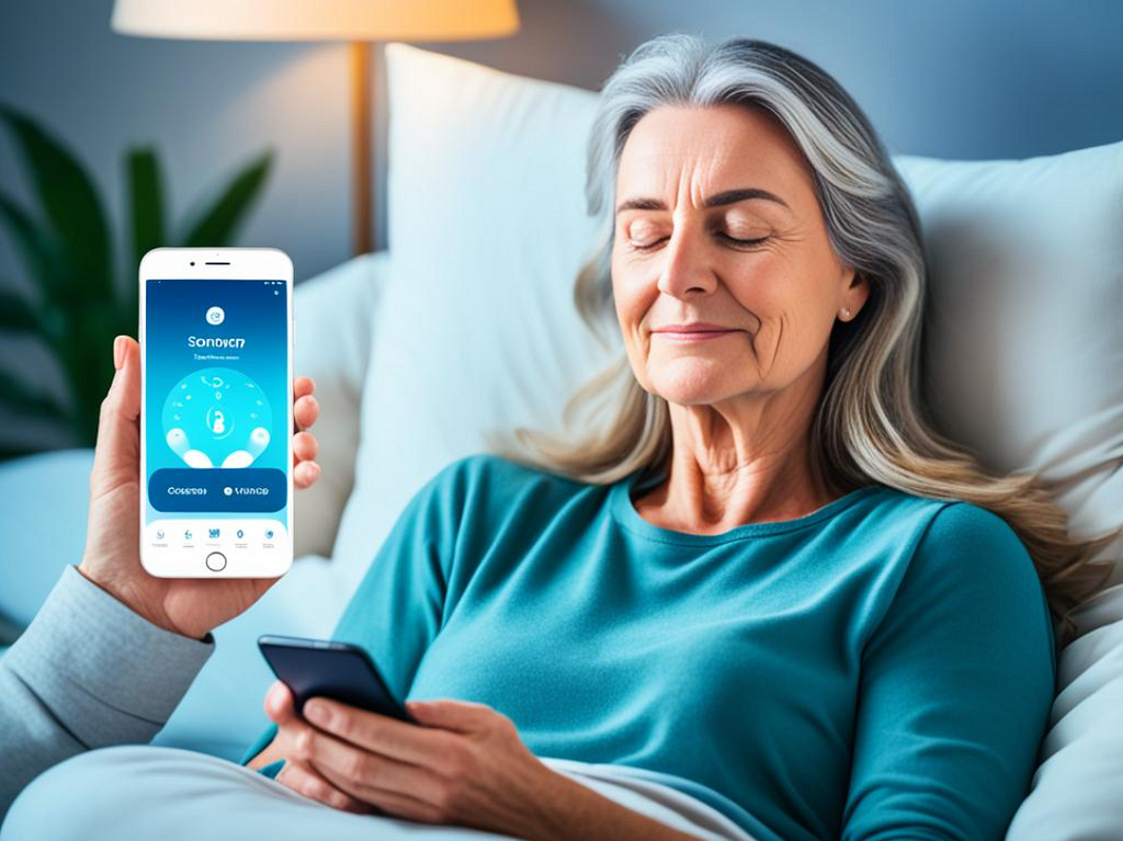 person holding a smartphone with a soothing blue background. The phone screen displays a meditation app with a sleep timer and calming nature sounds. The person appears relaxed with closed eyes and a peaceful expression, indicating that they are using the app to meditate for sleep. Surrounding the figure are soft pillows and a cozy blanket, suggesting that they are ready to drift off into a restful slumber.