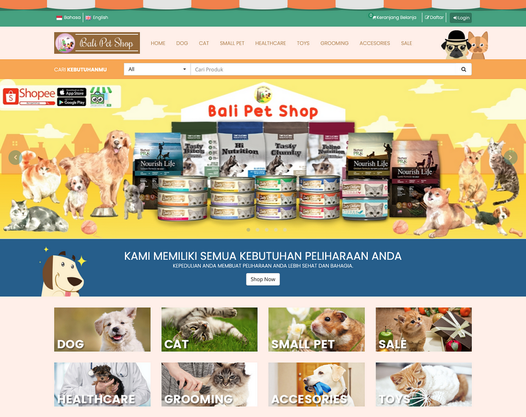 Bali pet shop existing user interface