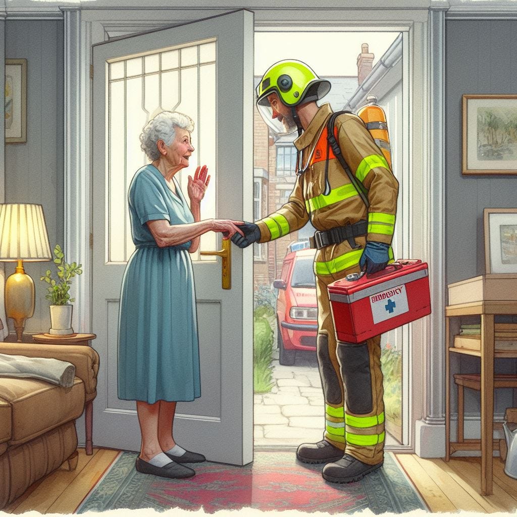 a elderly woman greeting emergency services at the front door in a clean and pleasant modern home, 1970s watercolor concept art, created with generative AI.