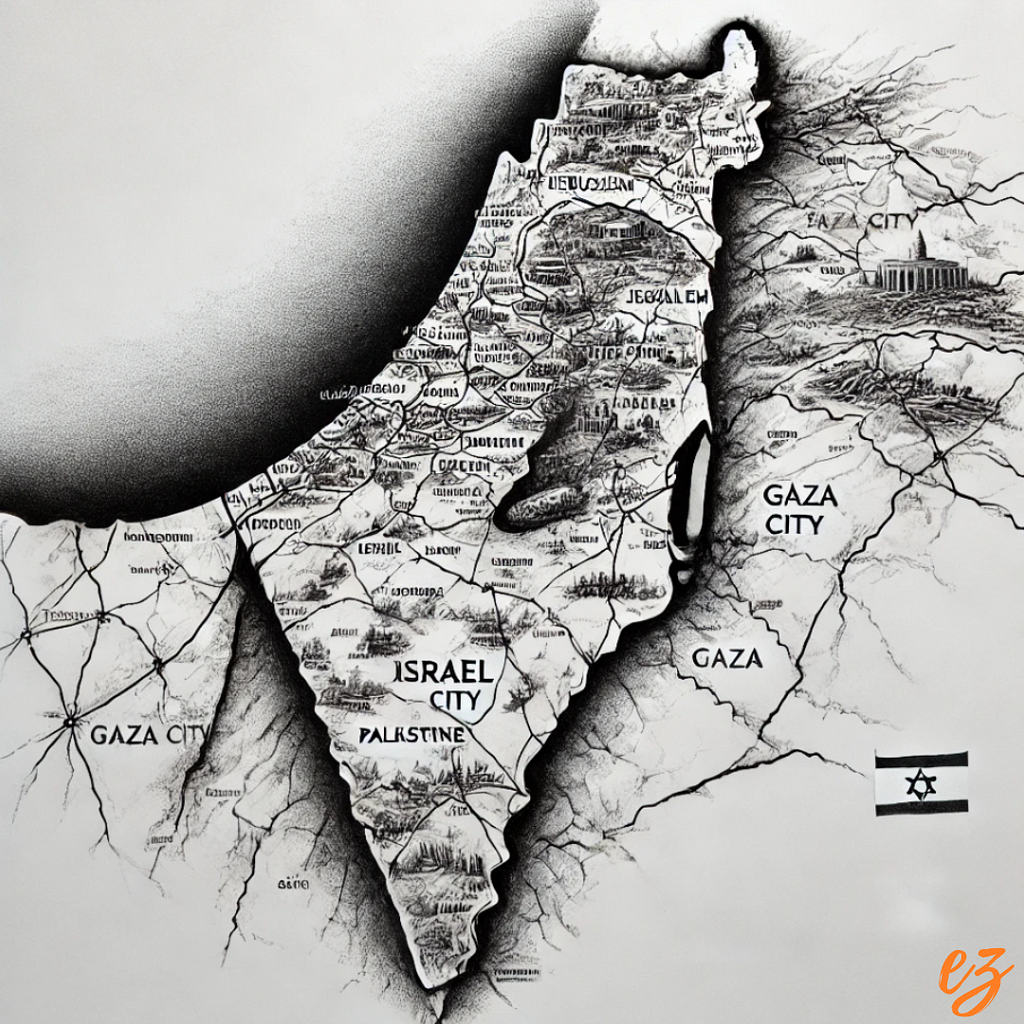 A detailed black and white pencil sketch map highlighting the geopolitical landscape of the Middle East, focusing on the Israel and Palestine border, with key locations such as Jerusalem, Tel Aviv, Gaza City, and major borders clearly marked.