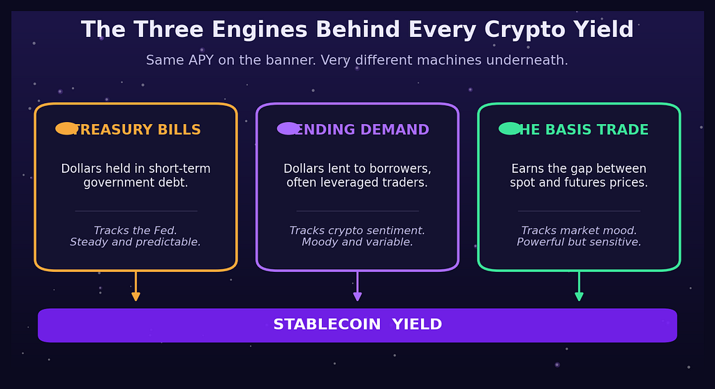 Diagram of three yield engines, Treasury bills, lending demand, and the basis trade, all feeding into a single stablecoin yield bar.