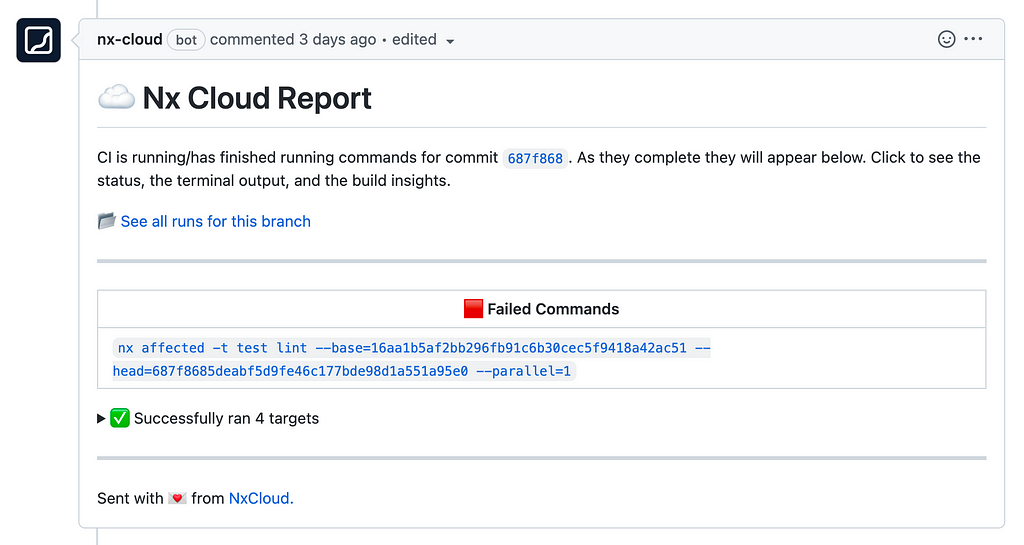 Screenshot of the Nx Cloud GitHub integration notifying about failed and successful runs in a comment.