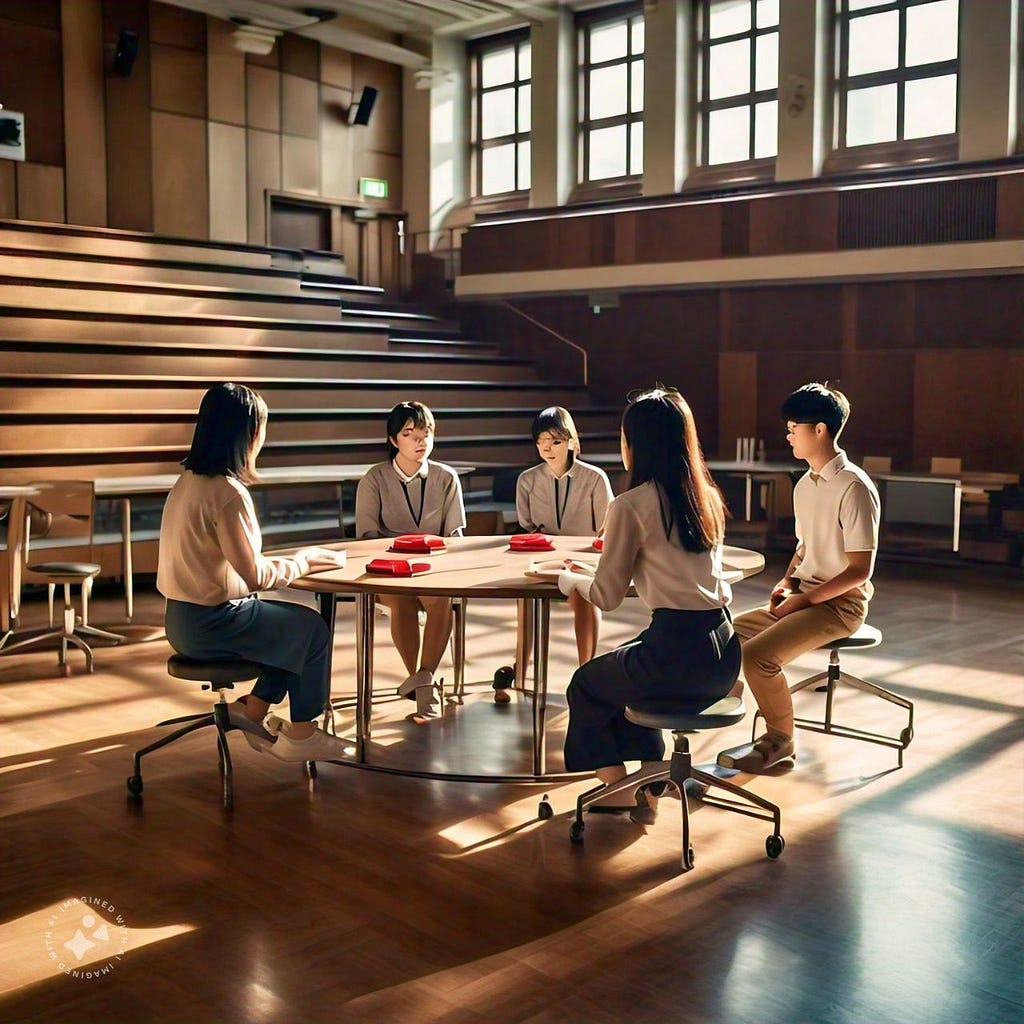 An AI generated image of students sitting in a classroom.