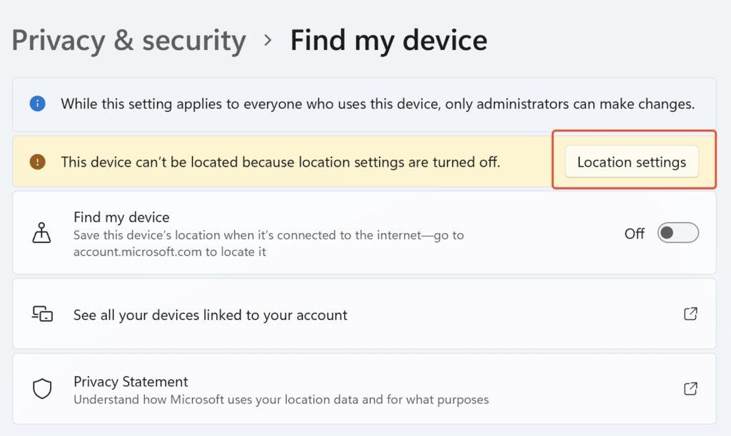 Click on ‘Location settings’ and on the Location services.