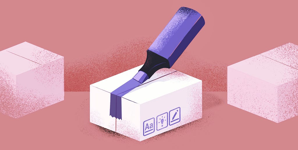 All illustration of three white house-moving boxes against a pink background. One box has parcel tape created by a purple highlighter. The box shows three icons as labels: text, a lightbulb and a pen edit symbol.