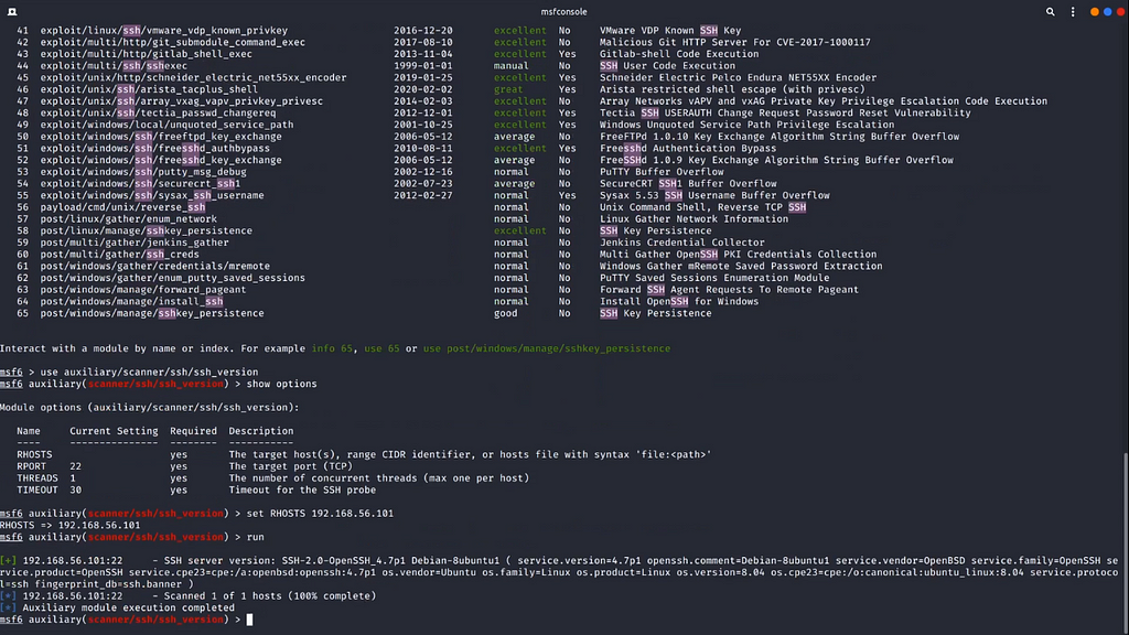 Getting detailed information about the ssh service using the “auxiliary / scanner / ssh / ssh_version” module from Metasploitable 2