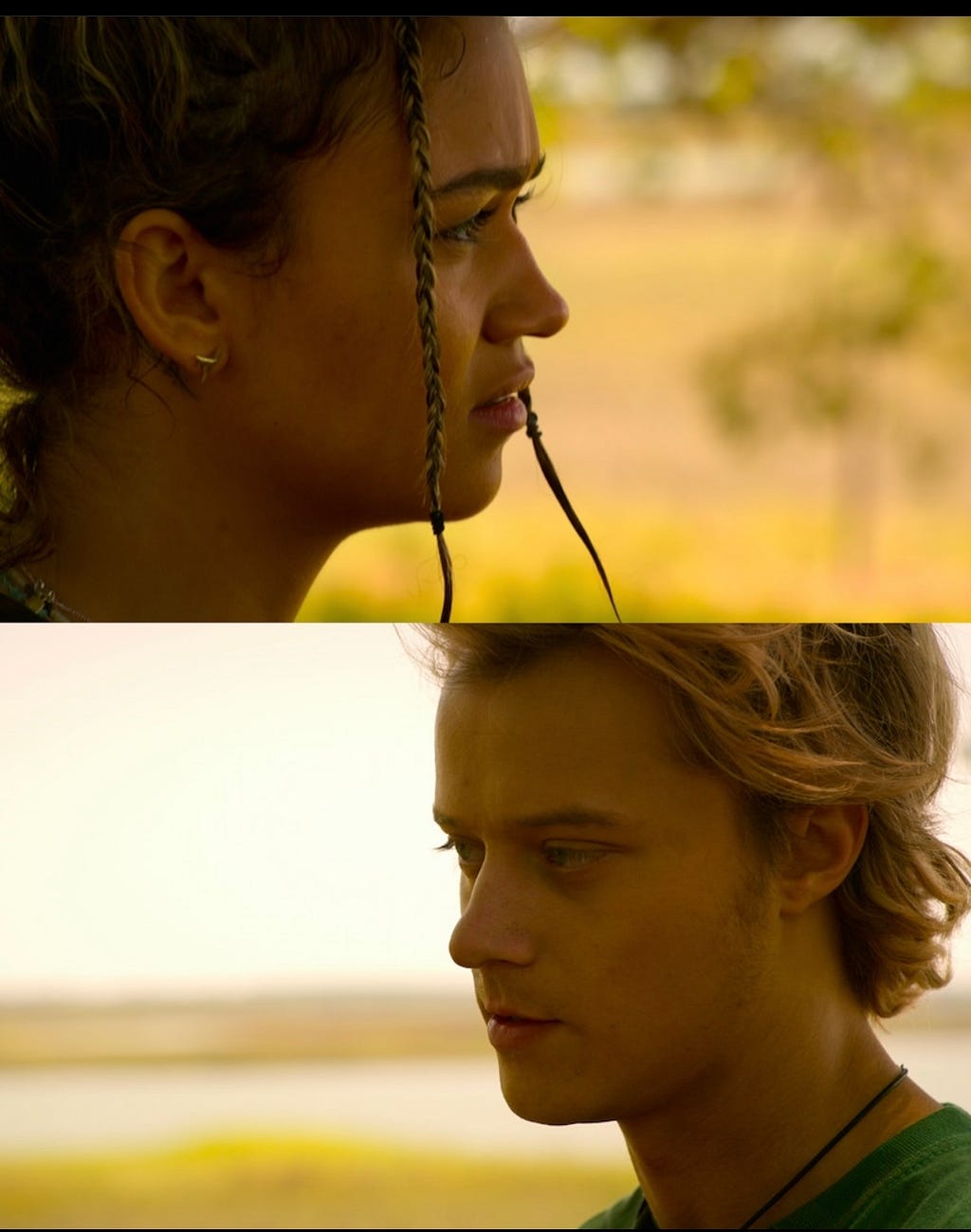Image of two shots of Kie and JJ gazing at each other.
