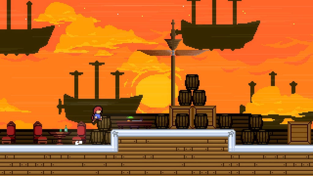 A screenshot of the map Skyline Usurper. Madeline is jumping towards a pillar with a rotating copper propeller at the top. In the distance are multiple propeller-powered airships, flying in front of a vibrant orange sky.