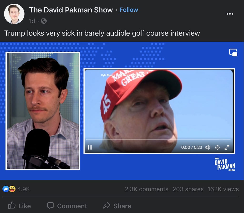 Screenshot of Facebook video about Trump from David Pakman show
