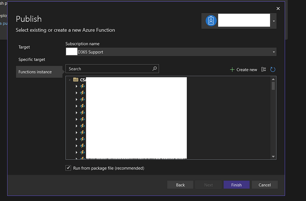 Visual Studio screenshot showing image containing selection of existing function app from azure
