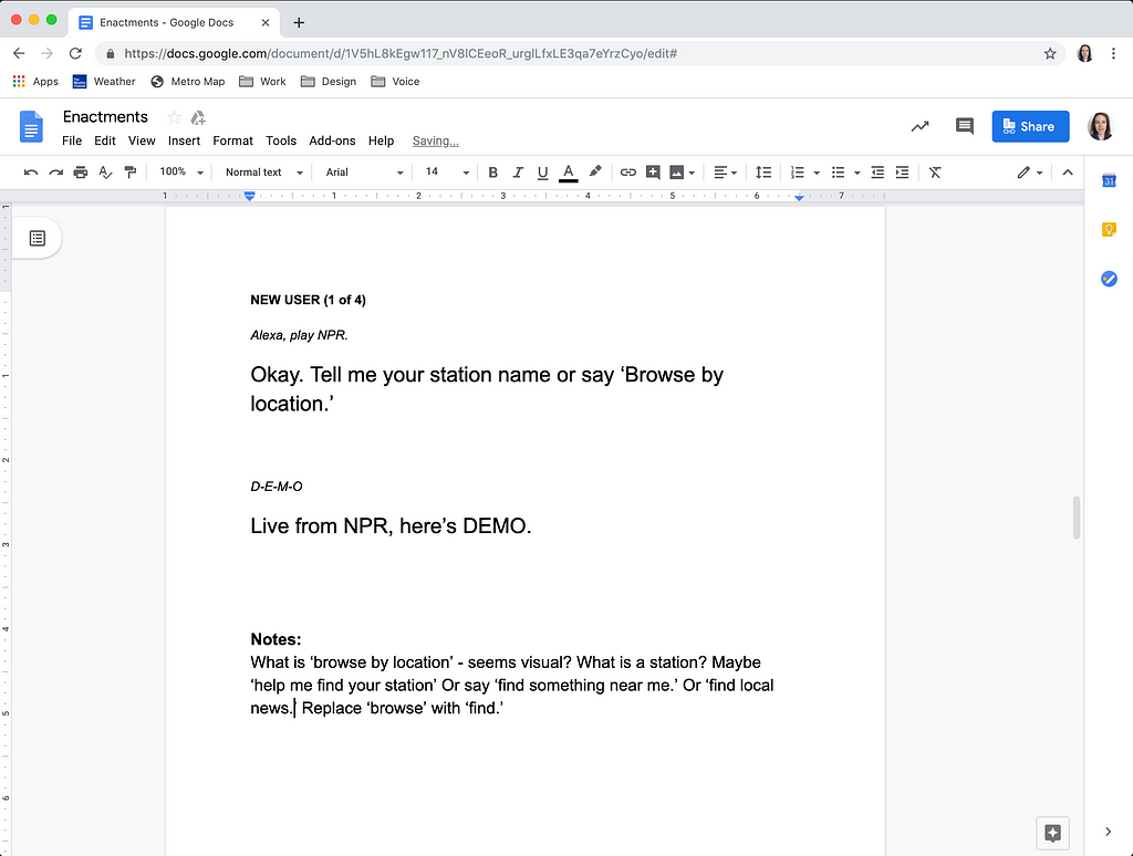 Google document with large-sized type of voice phrases