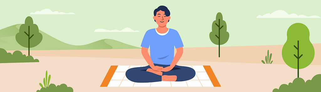 Illustration of a man meditating with an image of the meditation app on the side