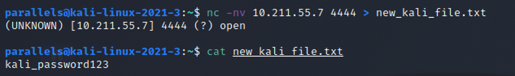 Image showing how Kali VM connects to the port that the Windows VM is listening on and has also bound a file to. When the connection is made by the Kali machine the file is transfered to the Kali VM.