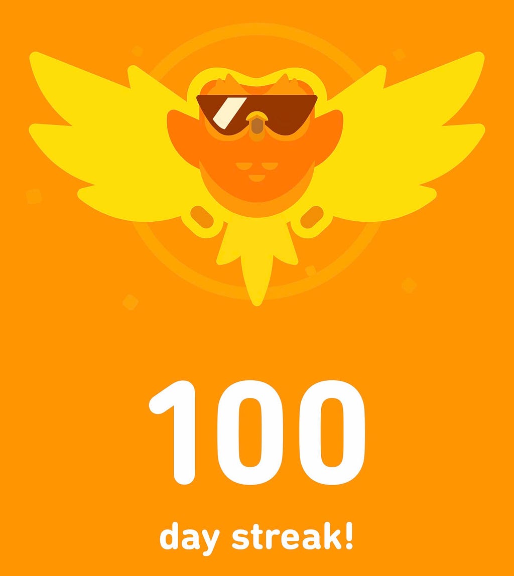 Duolingo owl with text saying “100 day streak”
