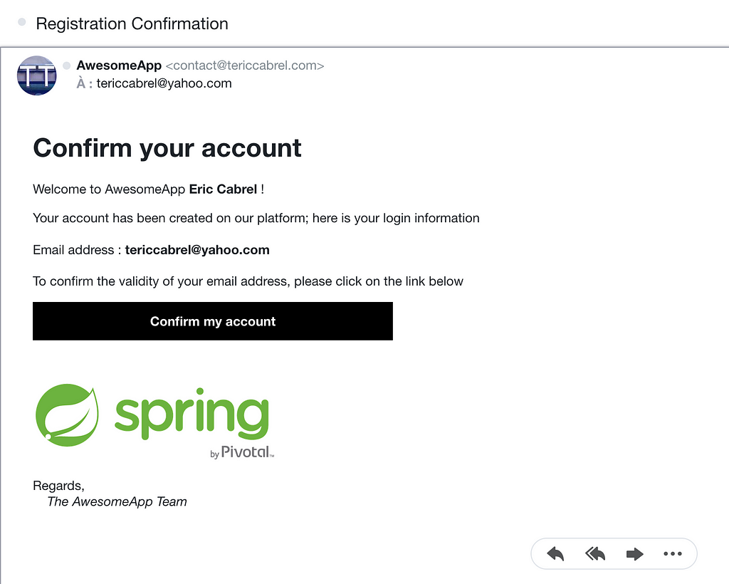 Email received in the inbox that was sent from the Spring Boot application.