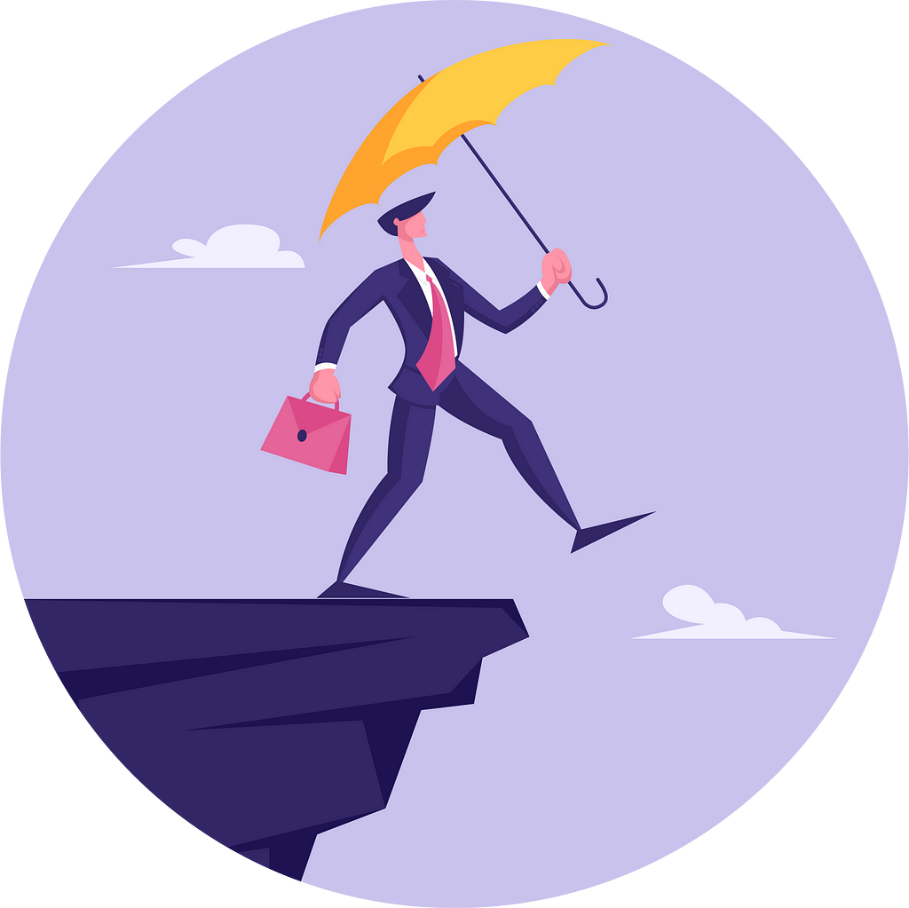 Image of person with a suitcase and umbrella walking off a cliff.