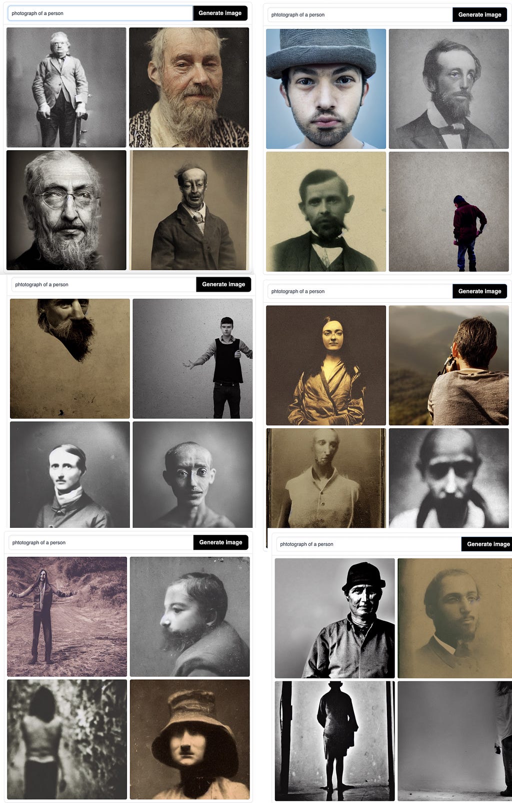 photographs of people, majority of whom appear to be men, generated by Stable Diffusion