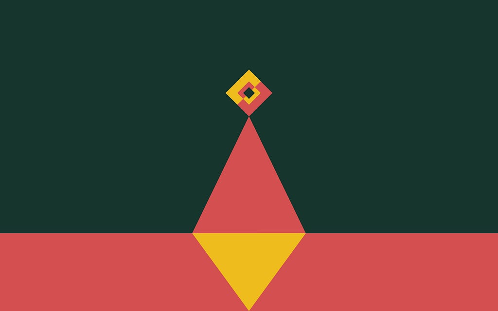 An abstract, geometric illustration showing a dimensional diamond shape illuminating a pathway in red, yellow, and dark green