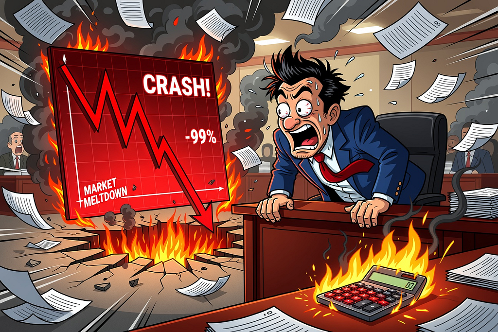 Cartoon executive watching a stock chart crash through a hole in the floor while holding a calculator on fire