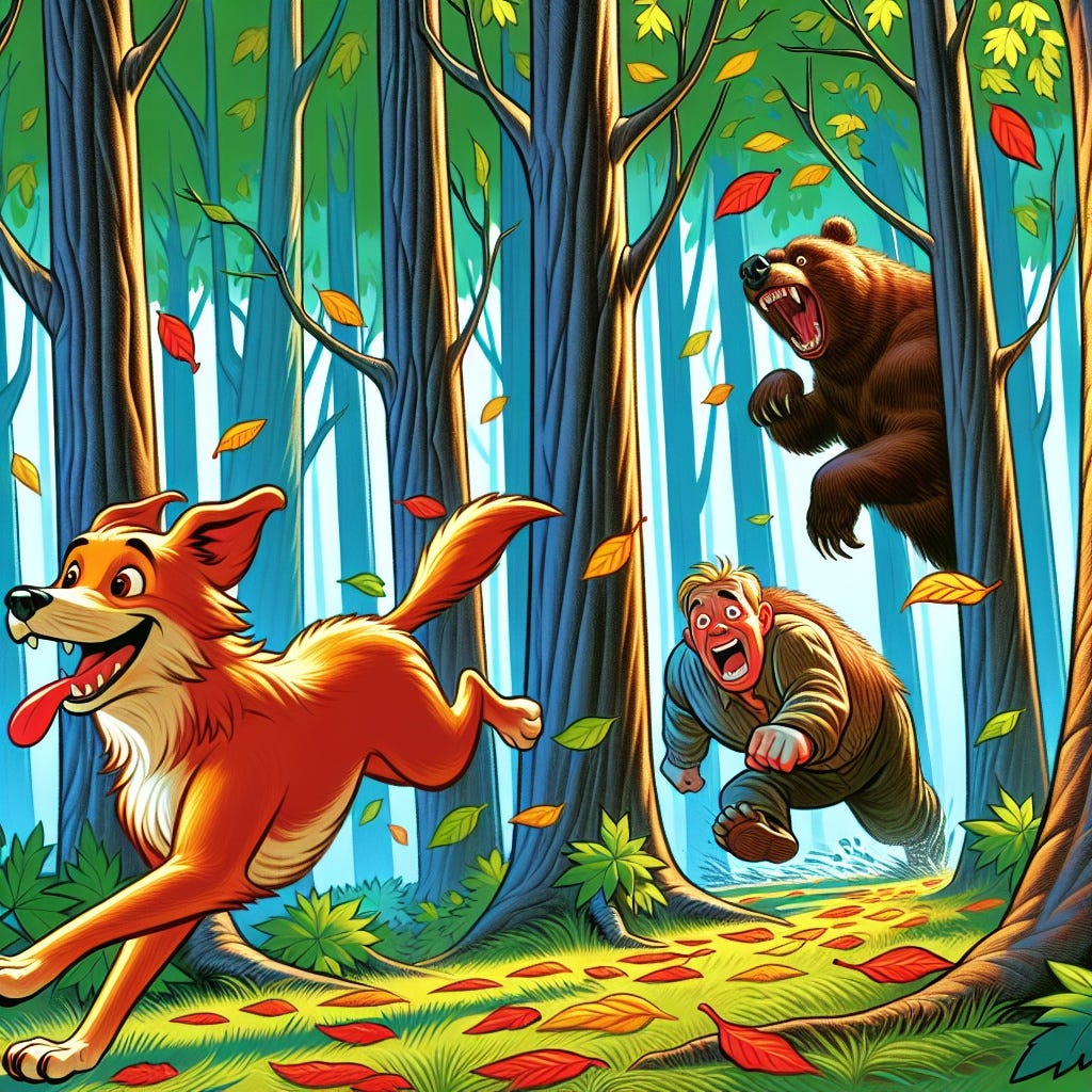 Cartoon: a forest, a dog running happily chased by a man and a bear