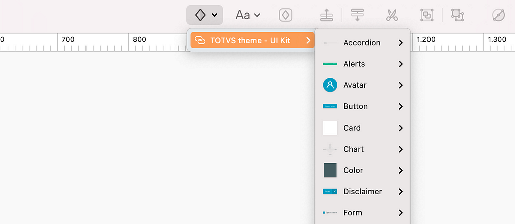 Print do item "Symbols" do Sketch aberto demonstrando alguns componentes organizados do UI Kit do PO UI com o Tema da TOTVS.