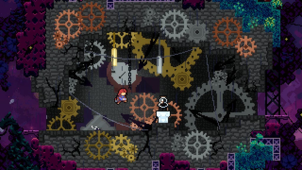 The entrance for the map Clockwork. Madeline is jumping inside a stone-walled room full of stationary gears made of brass, copper, and silver. In the background is a giant grandfather clock floating in the void.