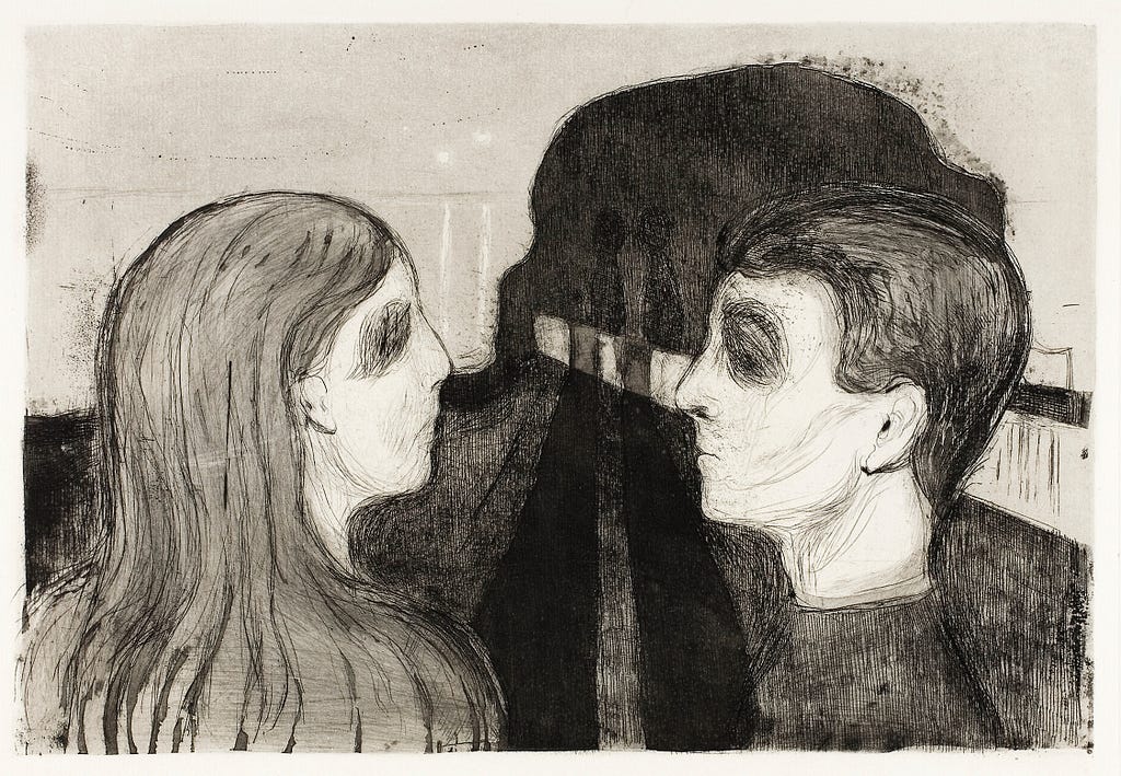 This black and white print by Edvard Munch shows the profile of a woman’s head in the left foreground facing and mirroring the profile of a man’s head in equal orientation and size. They are staring at each other, their eyes in shadow, looking forlorn. The shadows of their bodies meet in single-point perspective toward the background. There is also a white shape in one-point perspective placed from about the right middle-ground to the background that terminates at about the center of the image.