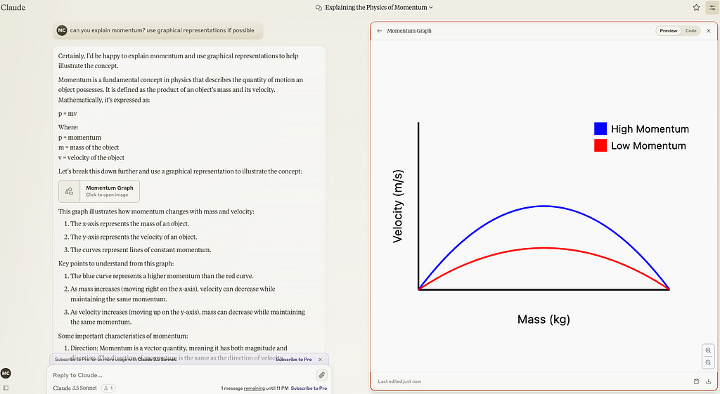 Image displays the interface on Claude 3.5 Sonnet, by Anthropic. Users have a secondary graphical interface parallel to the chat interface.