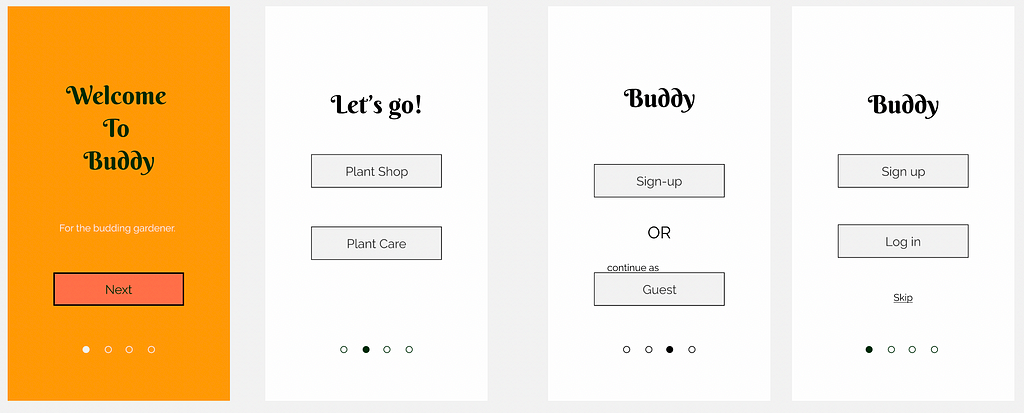 Four wireframes, one in orange and the others in greyscale. Experimenting with ideas.