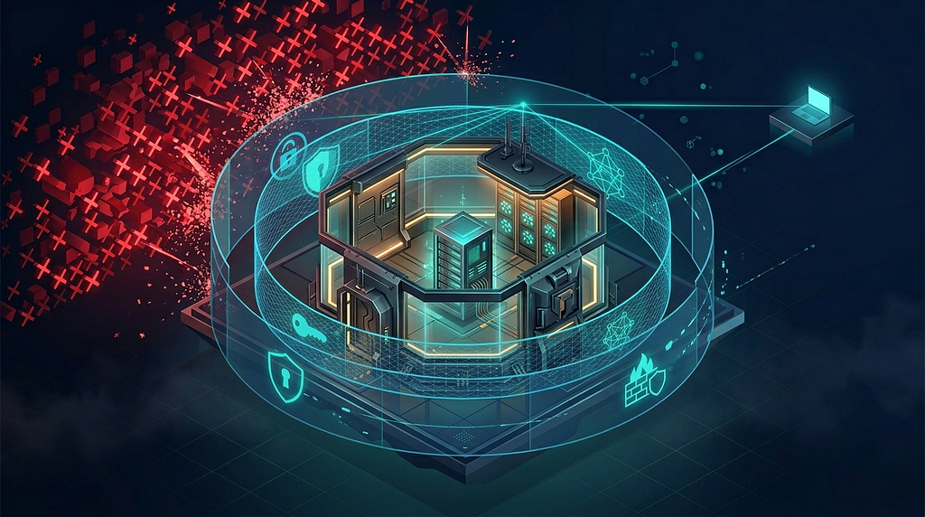 Title illustration for the NemoClaw zero-trust setup guide showing a hardened server with security layers around an AI agent