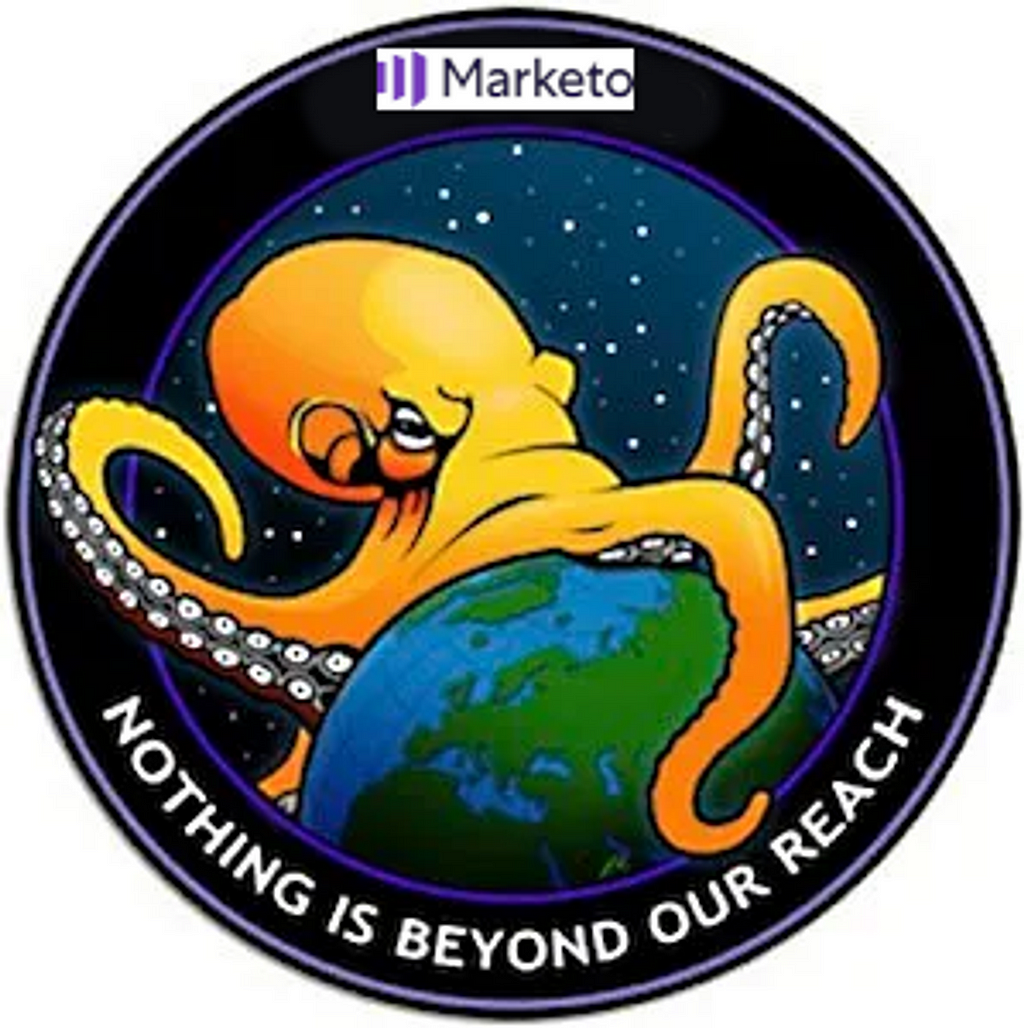 A seal depicting an octopus sitting on the Earth, perched atop the North Pole. Its tentacles are spread across the earth. The text of the seal reads “Nothing Is Beyond Our Reach”. This image is an edit of a mission patch produced by an American intelligence service, with the name of the mission replaced by the Marketo logo.