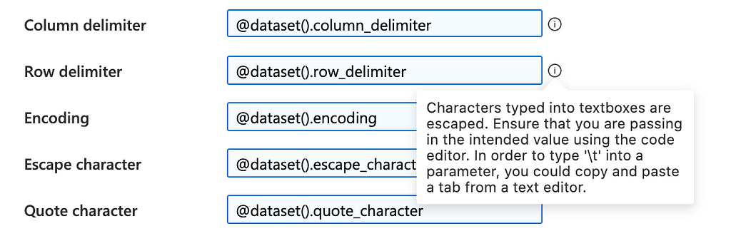Screenshot showing, how column and row delimiter fields have extra information that special characters, such as tab or line feed, will be escaped by the editor. Azure suggests that you should copy and paste the desired character from a text editor.