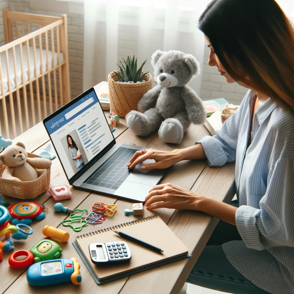 Mother actively seeking advice on a parenting community website, surrounded by child’s toys and books, symbolizing an involved and proactive approach to parenting challenges