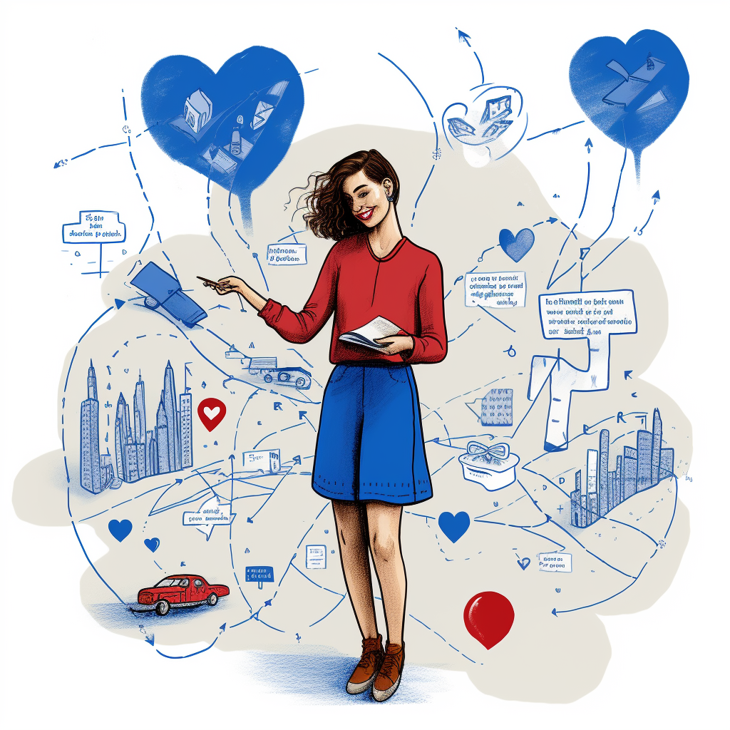 A woman standing in front of a web of buildings and hearts, intended to represent emotions and the customer experience journey.