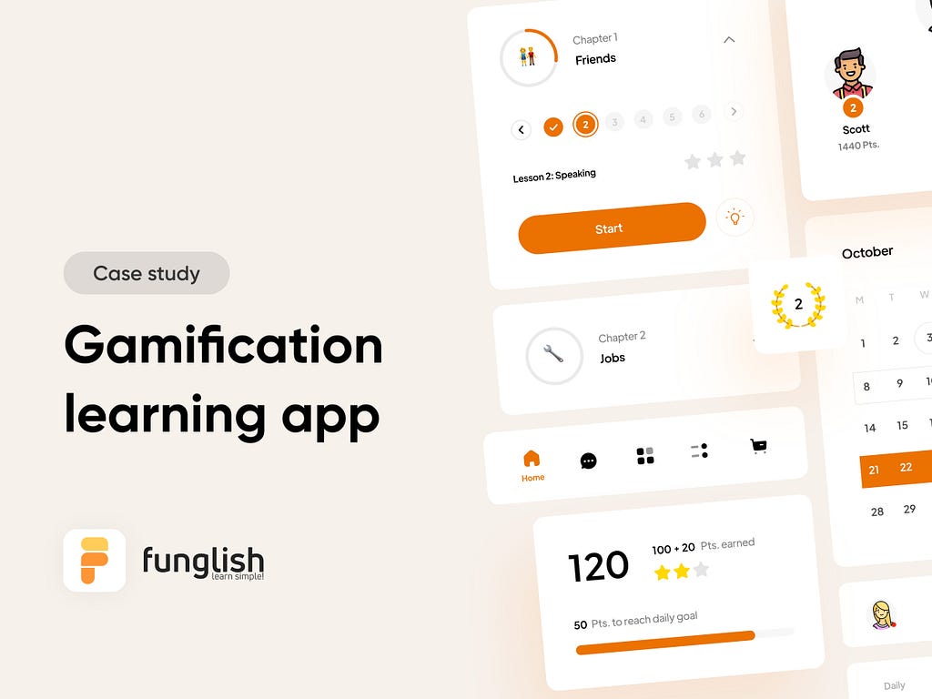 An image containing text: “Case study, Gamification learning app” on the left, and UI components on the right.