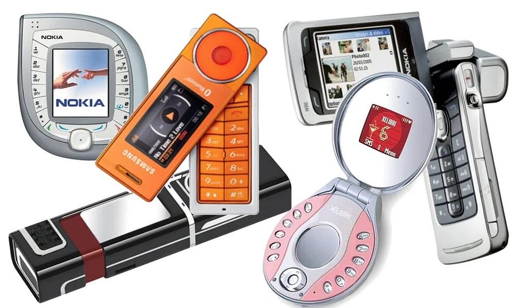 A collage of some of the experimental mobile phone designs from the late 1990s to early 2000s, including phones shaped like lipstick tubes, camcorders, and makeup compacts.