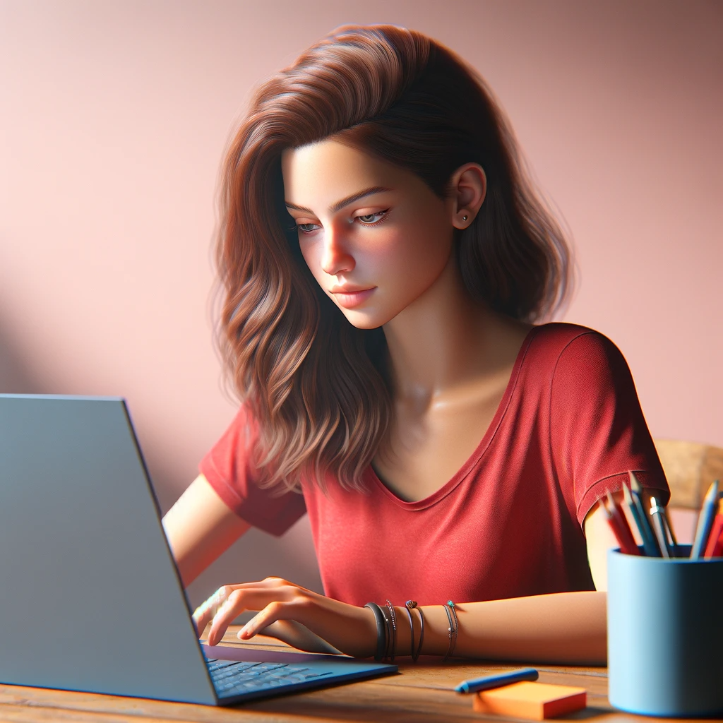A hyper-realistic depiction of a young woman with brunette hair, sitting at a wooden desk. She is wearing a red shirt and is typing on a modern blue l