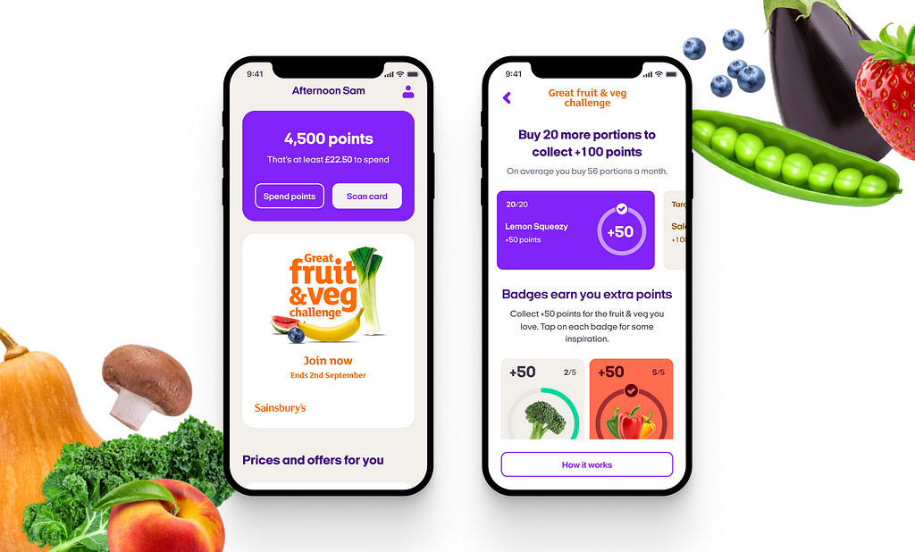 Posh marketing shots of mobile phone screens showing the Fruit & Veg Challenge work
