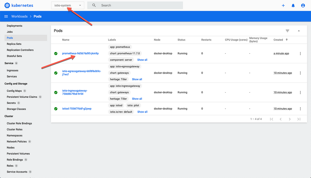 Istio system selected from the dropdown at the top, shows prometheus pods in the namespace