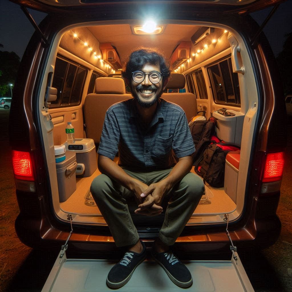 minivan camper at a campsite with custom interior lighting inside