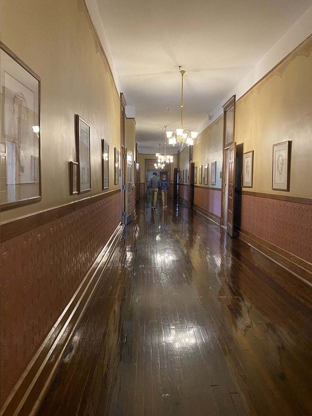 A long hallway with a gleaming wooden floor.