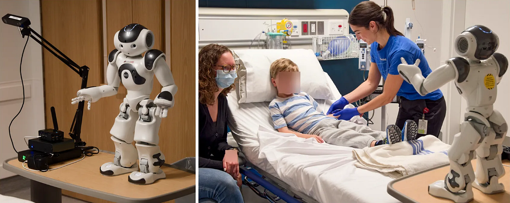 Two photos side by side showing a small white humanoid robot. On the left, the robot stands alone on a table next to recording equipment. On the right, the robot is positioned beside a child’s hospital bed while a nurse provides care and a parent sits nearby.